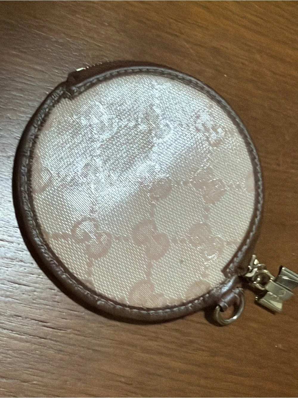 Gucci Beige and Brown Round GG Coin Pouch with Gold-Tone Hardware